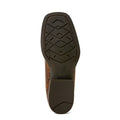 Close-up of a brown leather boot sole with a visible brand logo on a white background