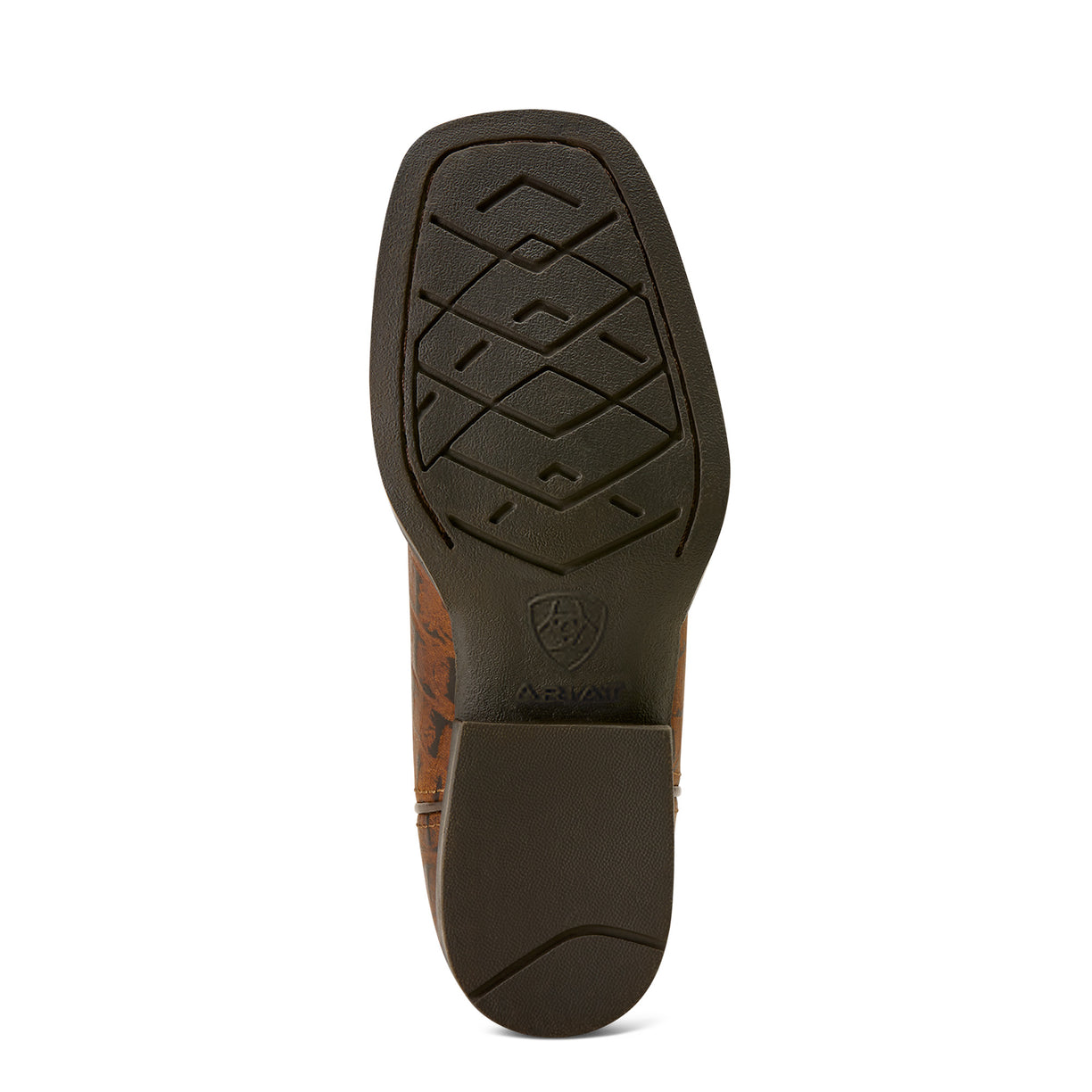 Close-up of a brown leather boot sole with a visible brand logo on a white background
