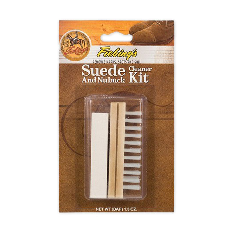 Fiebing's Suede Cleaner and Nubuck Kit packaging with a brown background