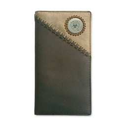 Brown leather wallet with a circular emblem on a white background