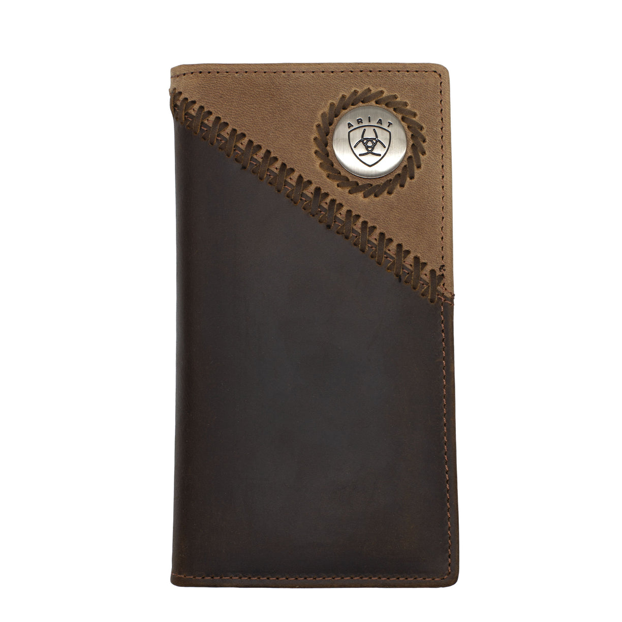 Brown leather wallet with a circular emblem on a white background