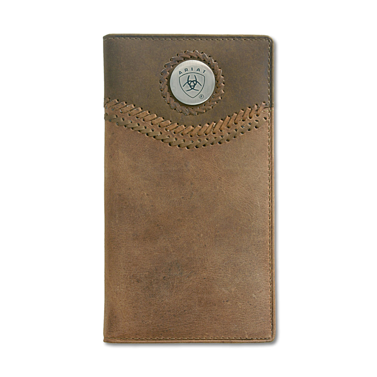 Brown leather wallet with a circular emblem on a white background