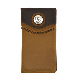 Brown leather wallet with a circular emblem on a white background