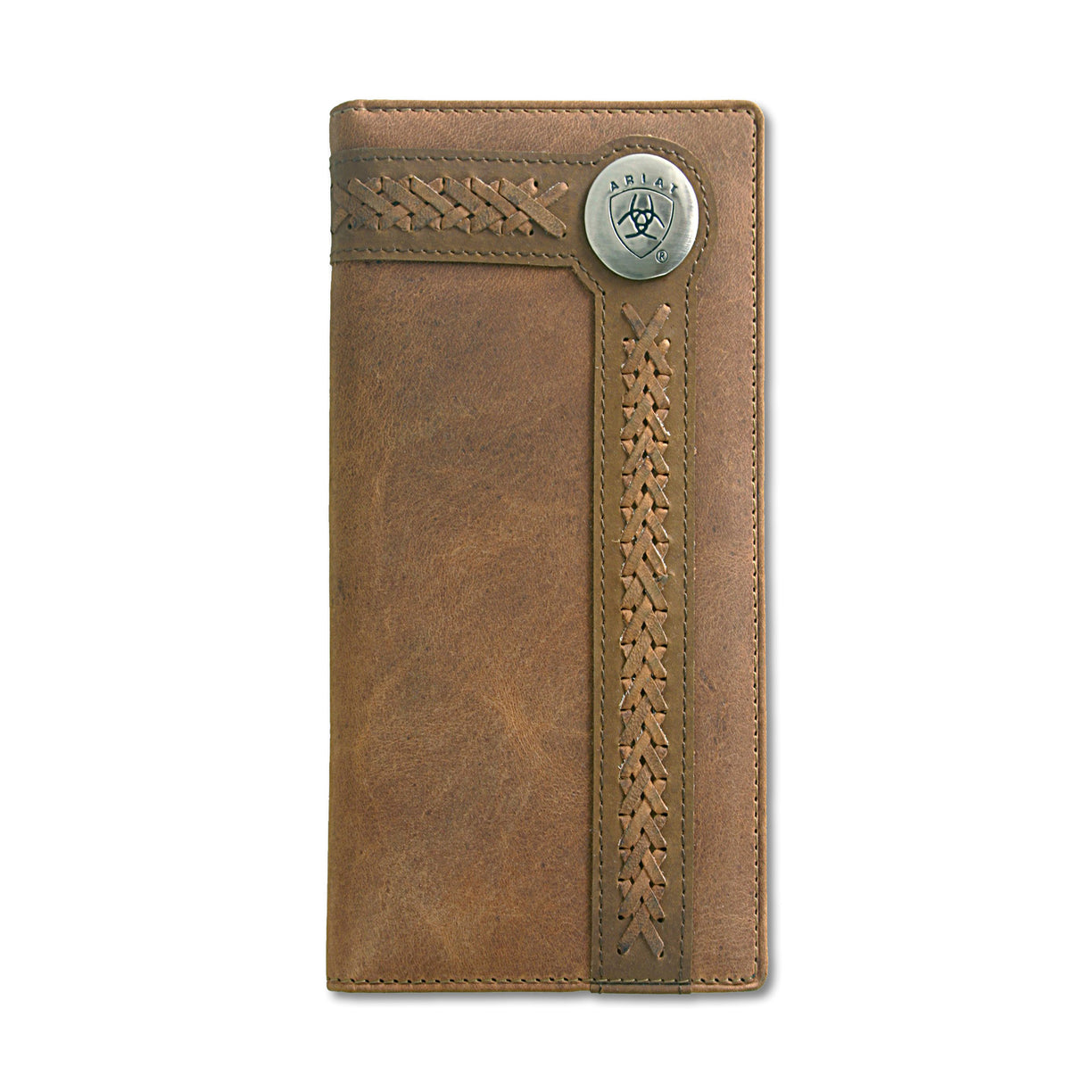 Brown leather wallet with braided design and button on a white background
