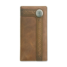 Brown leather wallet with braided design and button on a white background