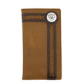 Brown leather wallet with braided design and button on a white 