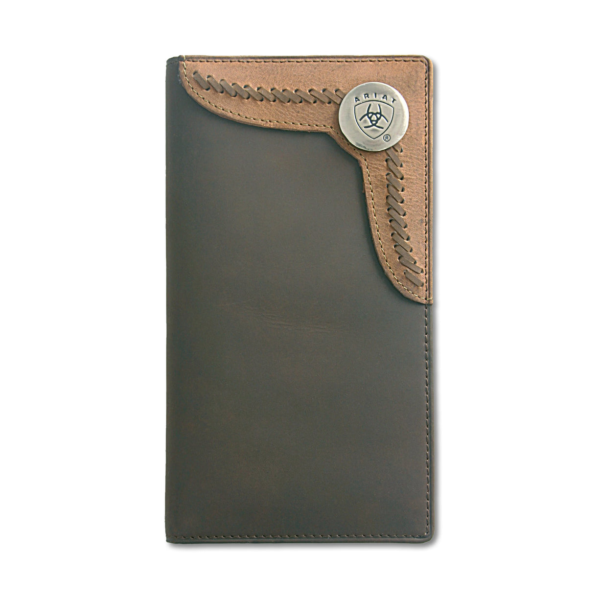 Green leather wallet with brown leather corner and brand logo on a white background
