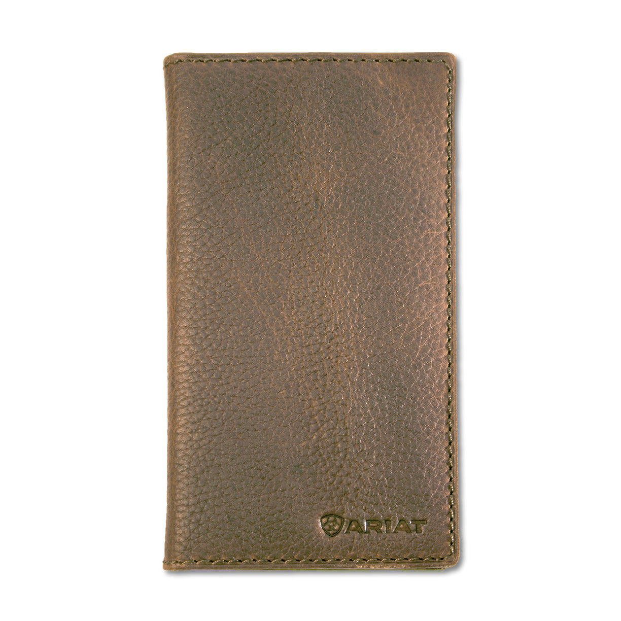 Brown leather wallet with Ariat logo on a white background