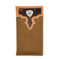Brown leather wallet with a hair on flap and brand logo on a white background