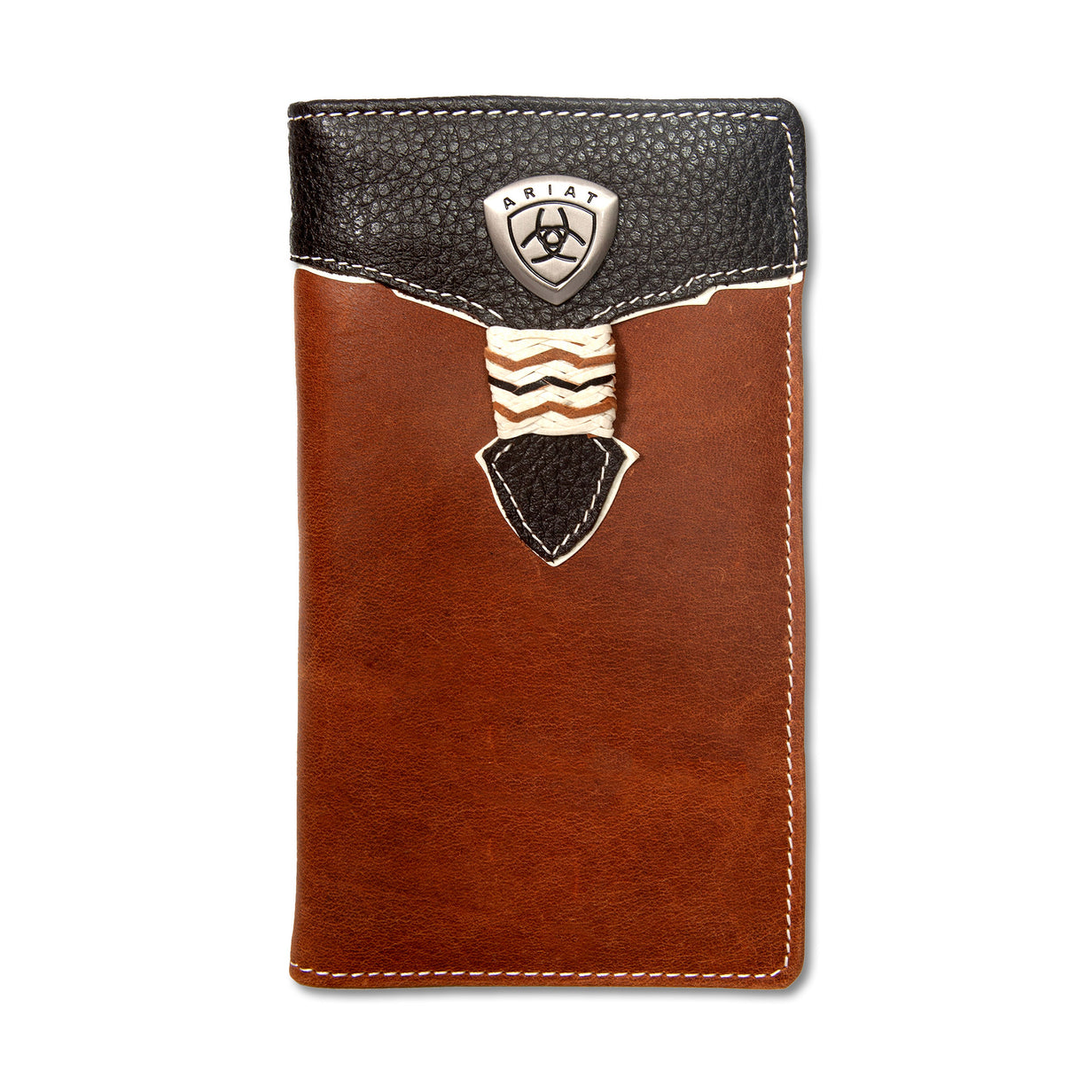 Brown leather wallet with black top section on a white background