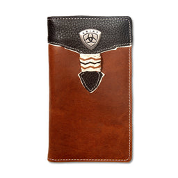 Brown leather wallet with black top section on a white background