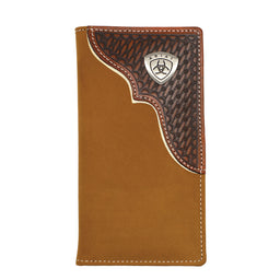 Brown leather wallet with intricate stitching and brand logo on a white background
