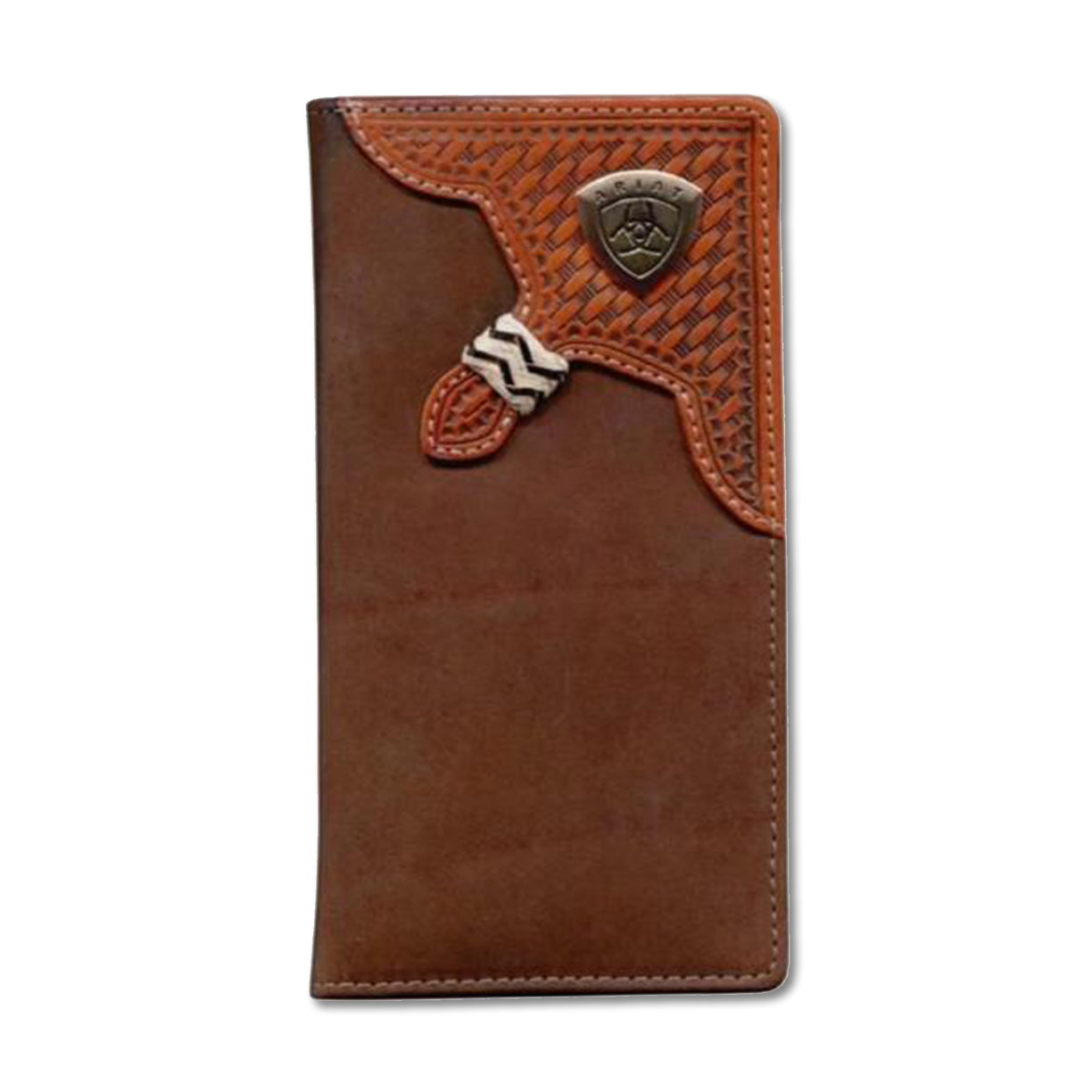 Brown leather wallet with decorative elements on a white background