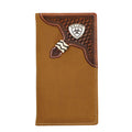 Brown leather wallet with decorative elements on a white background