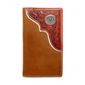 Brown leather wallet with red tooled edge and silver emblem on a white background