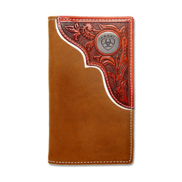 Brown leather wallet with red tooled edge and silver emblem on a white background