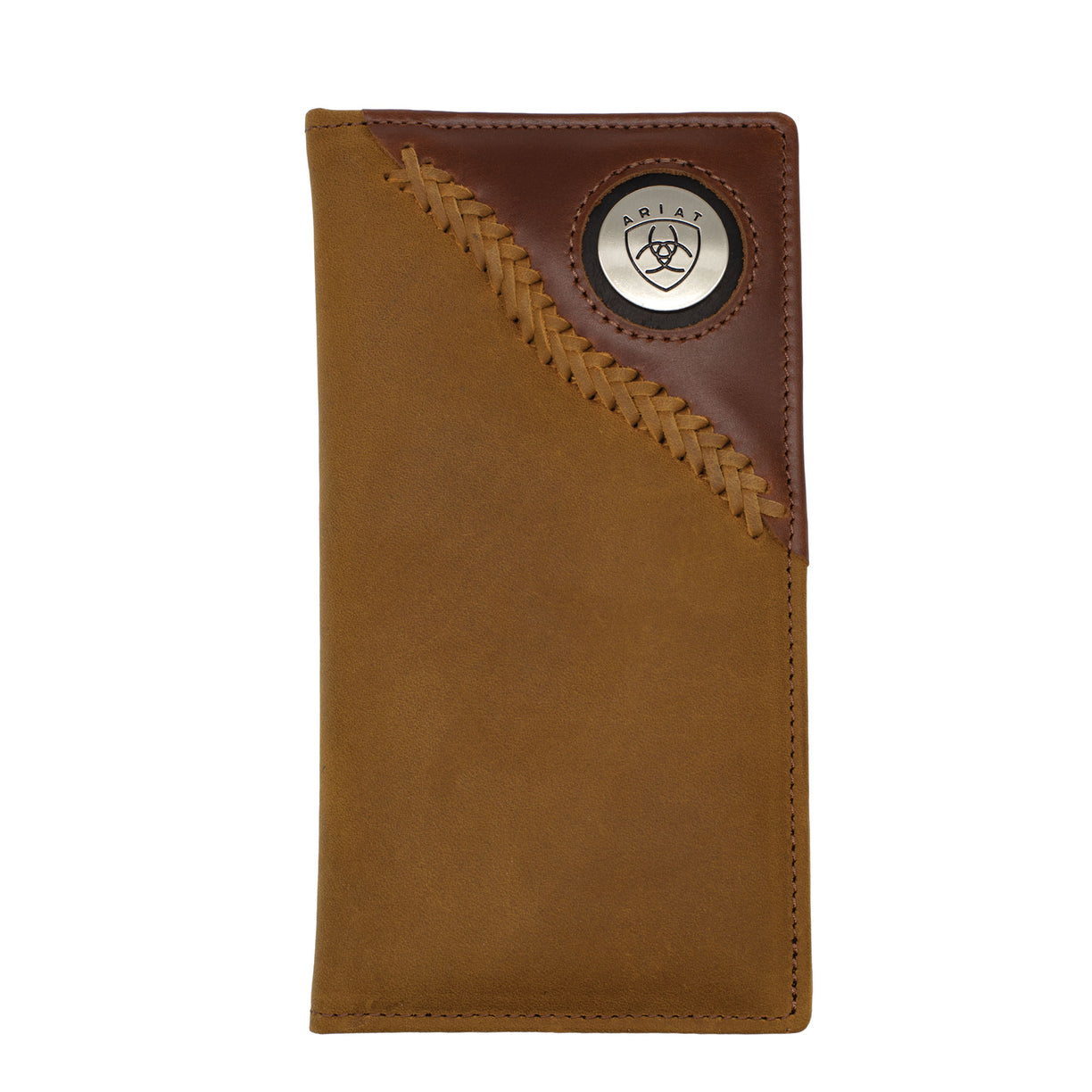Brown leather wallet with braided edge and metal emblem on a white 