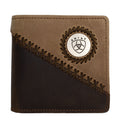 Brown leather wallet with Ariat logo on a white background