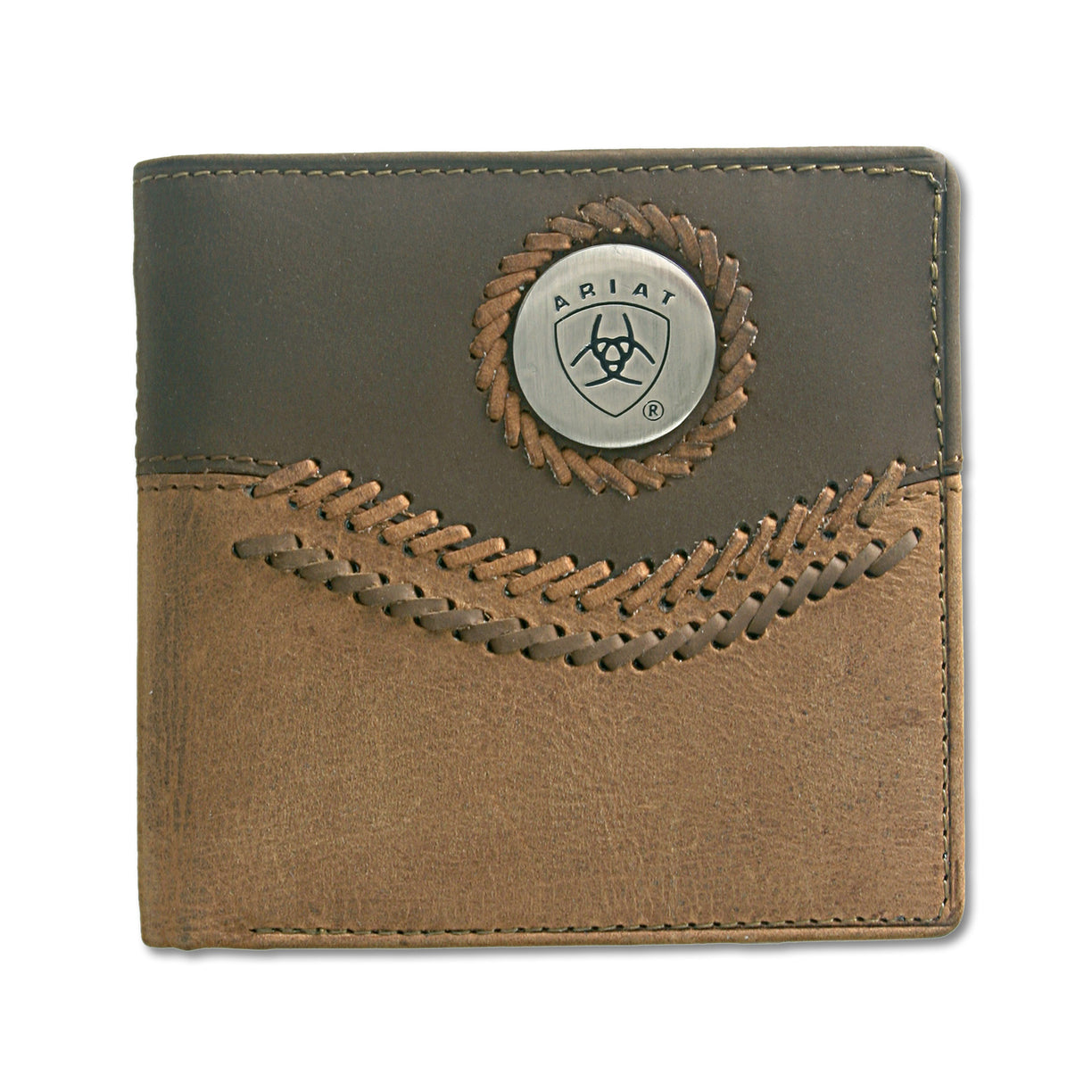 Two-tone leather wallet with Ariat logo on a white background