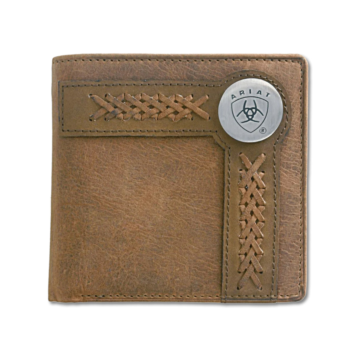 Brown leather wallet with Ariat logo on a white background