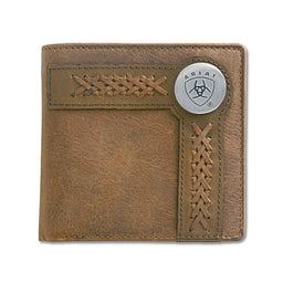 Brown leather wallet with Ariat logo on a white background