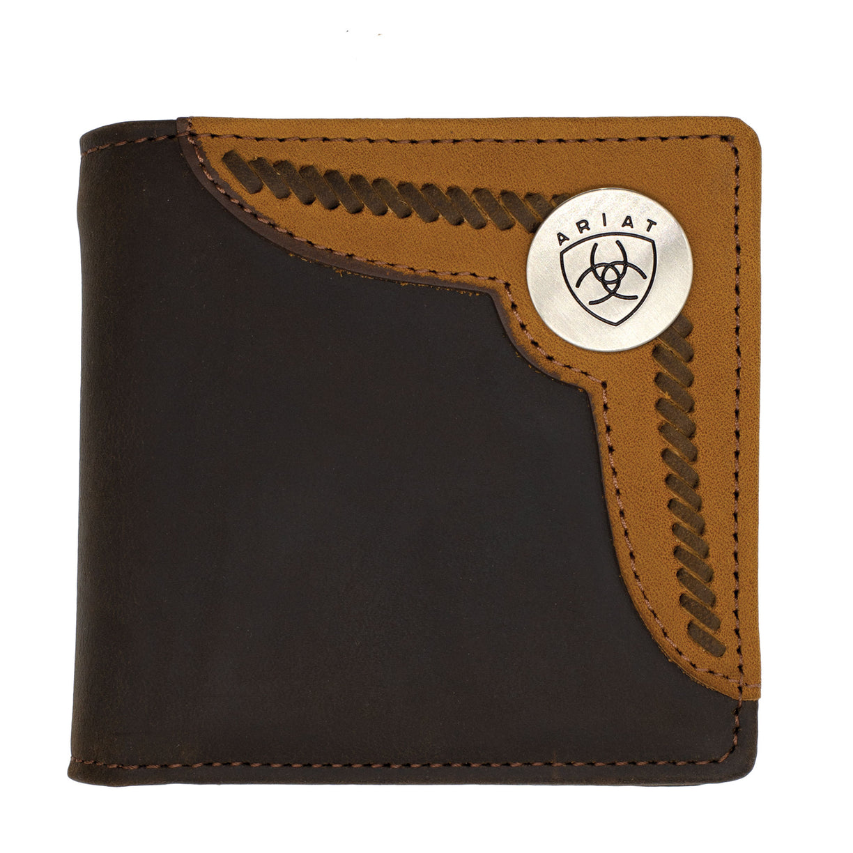 Brown leather wallet with a brown flap and ARIAT logo on a white background