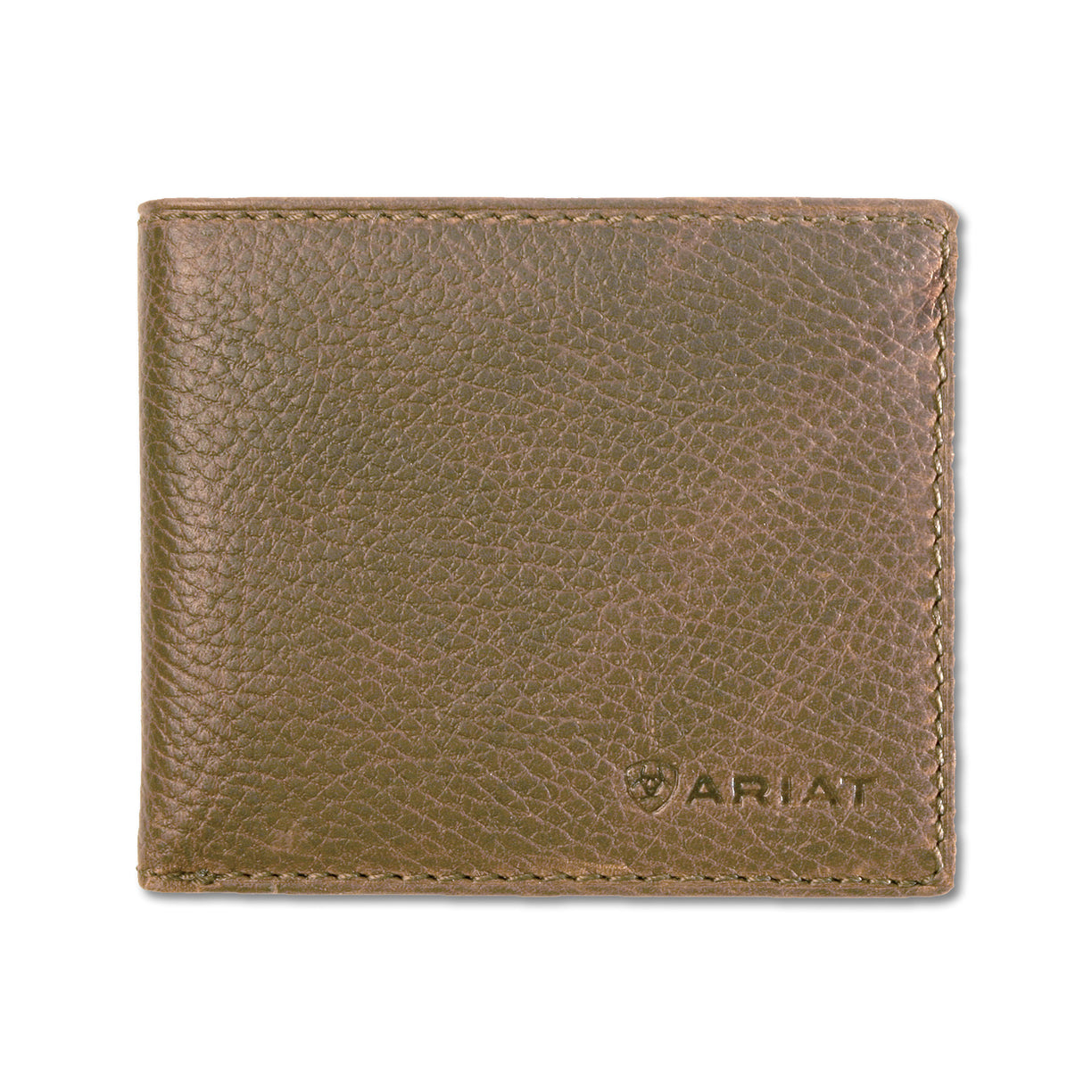 Brown leather wallet with Ariat logo on a white background