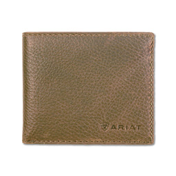 Brown leather wallet with Ariat logo on a white background
