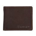 Brown leather wallet with Ariat logo on a white background