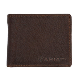 Brown leather wallet with Ariat logo on a white background