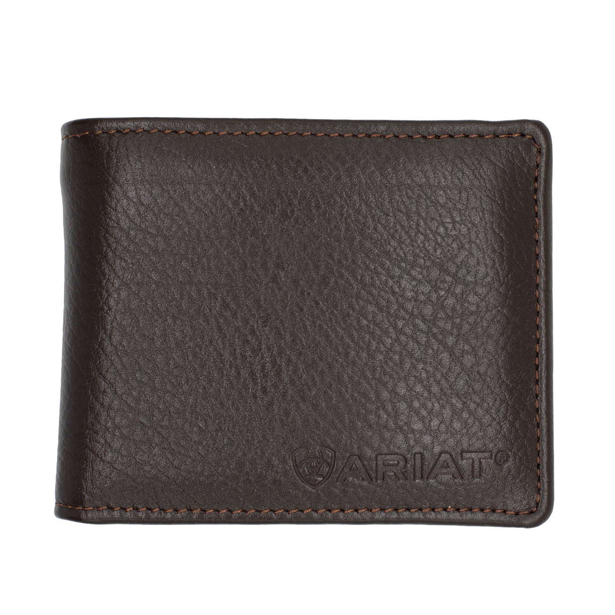 Brown leather wallet with Ariat logo on a white background