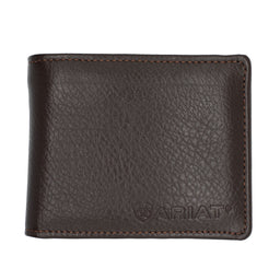 Brown leather wallet with Ariat logo on a white background