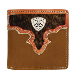 Brown leather wallet with Ariat logo on a white background