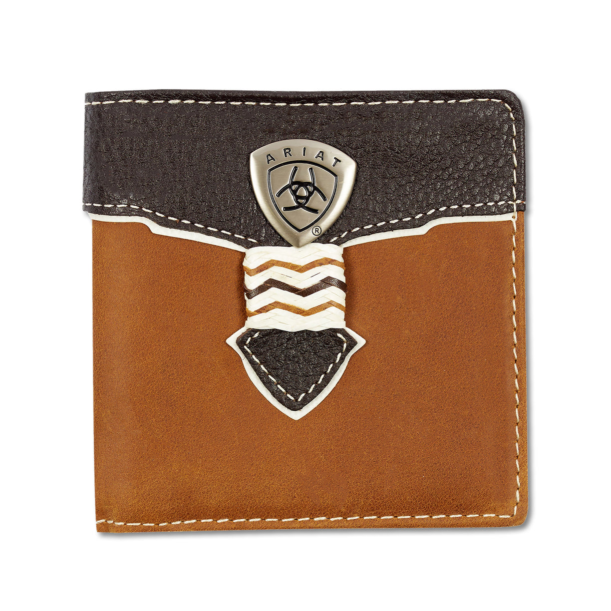 Brown leather wallet with black top section and Ariat logo on a white background