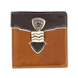 Brown leather wallet with black top section and Ariat logo on a white background