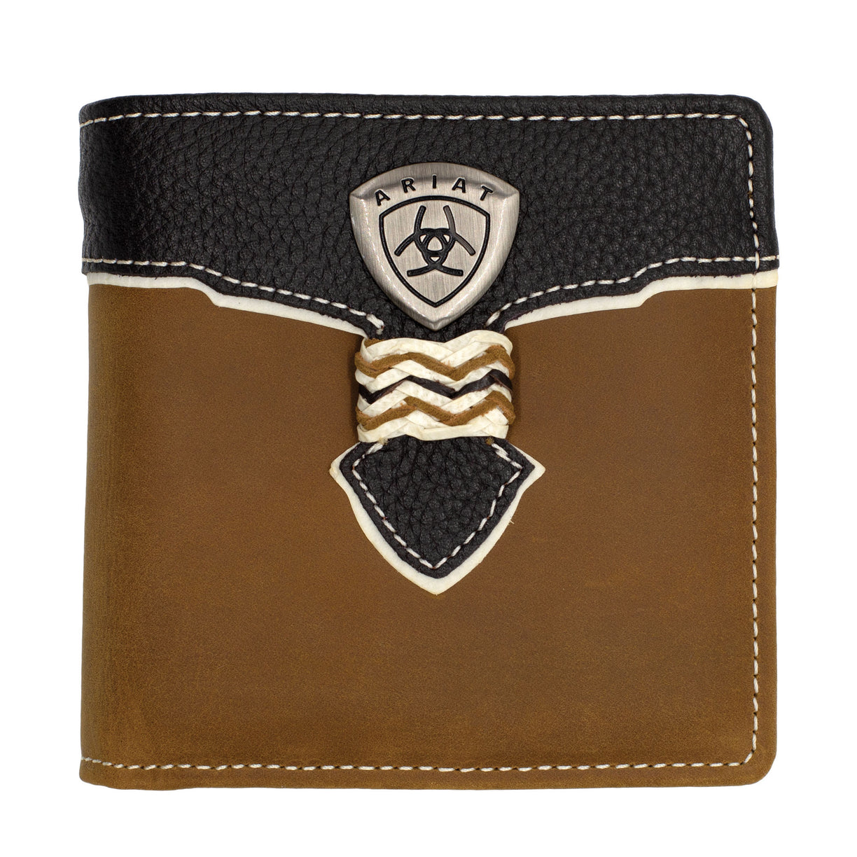 Brown leather wallet with black top section and Ariat logo on a white background