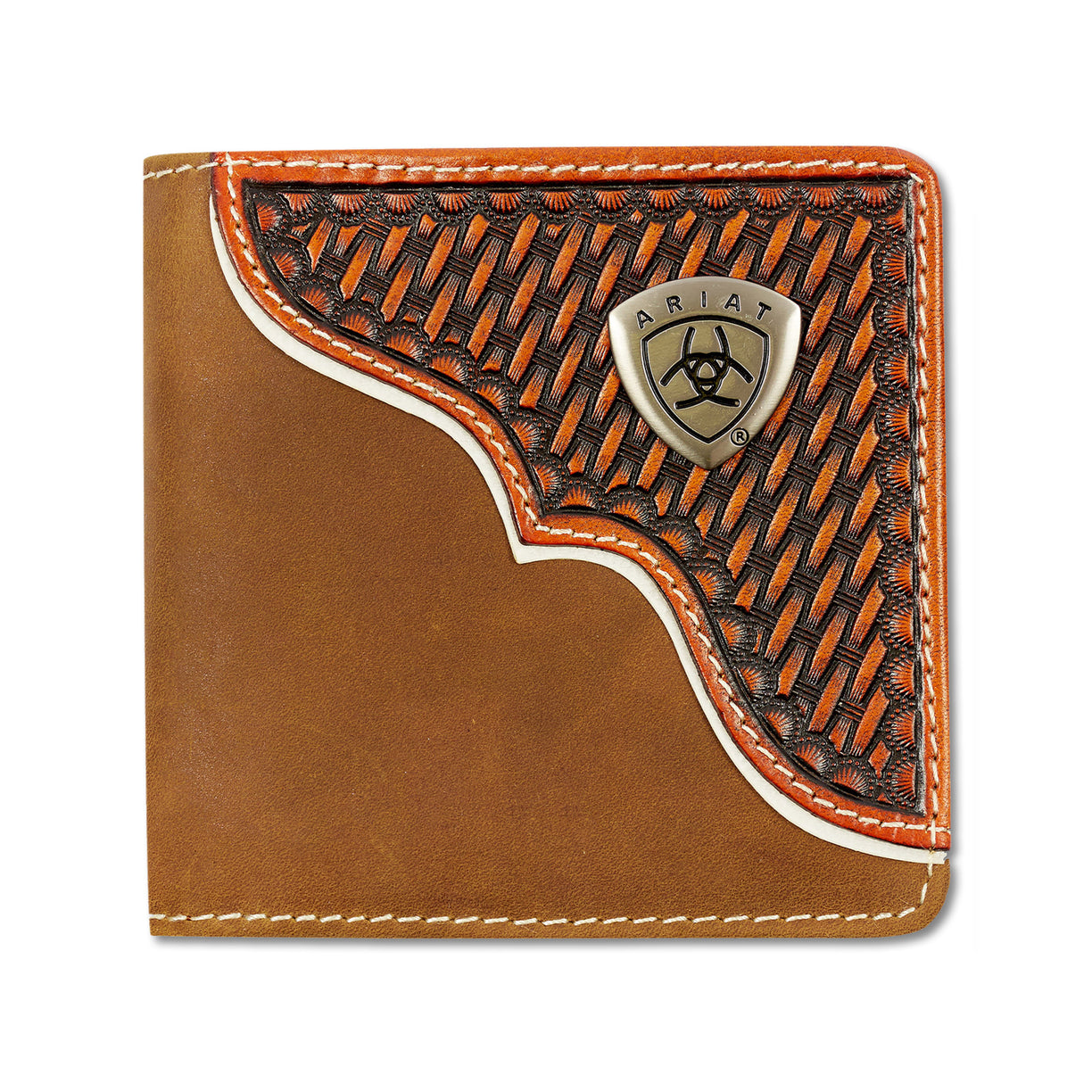 Brown leather wallet with Ariat logo on a white background