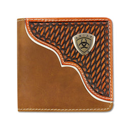 Brown leather wallet with Ariat logo on a white background