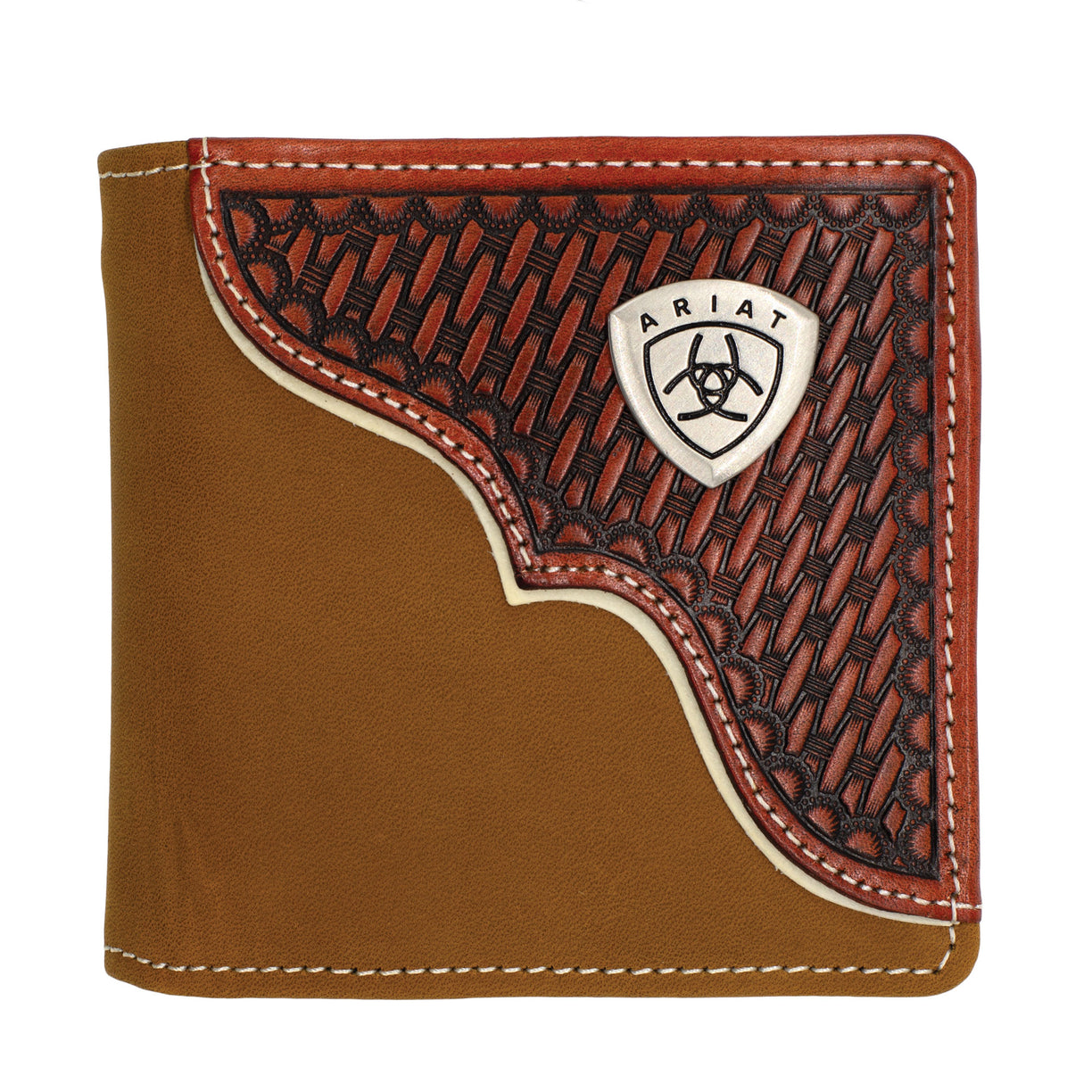 Brown leather wallet with Ariat logo on a white background