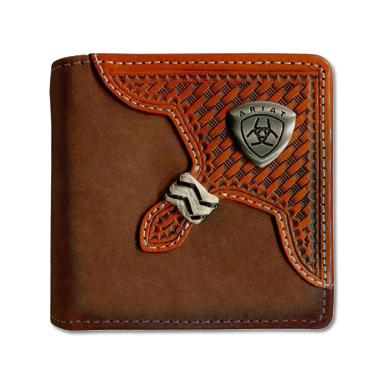 Brown leather wallet with Ariat logo on a white background
