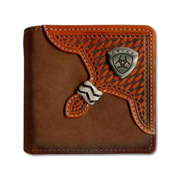 Brown leather wallet with Ariat logo on a white background