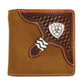 Brown leather wallet with Ariat logo on a white background
