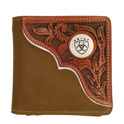 Brown leather wallet with intricate designs and a brand logo on a white background