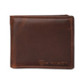 Brown leather wallet with Ariat logo on a white background