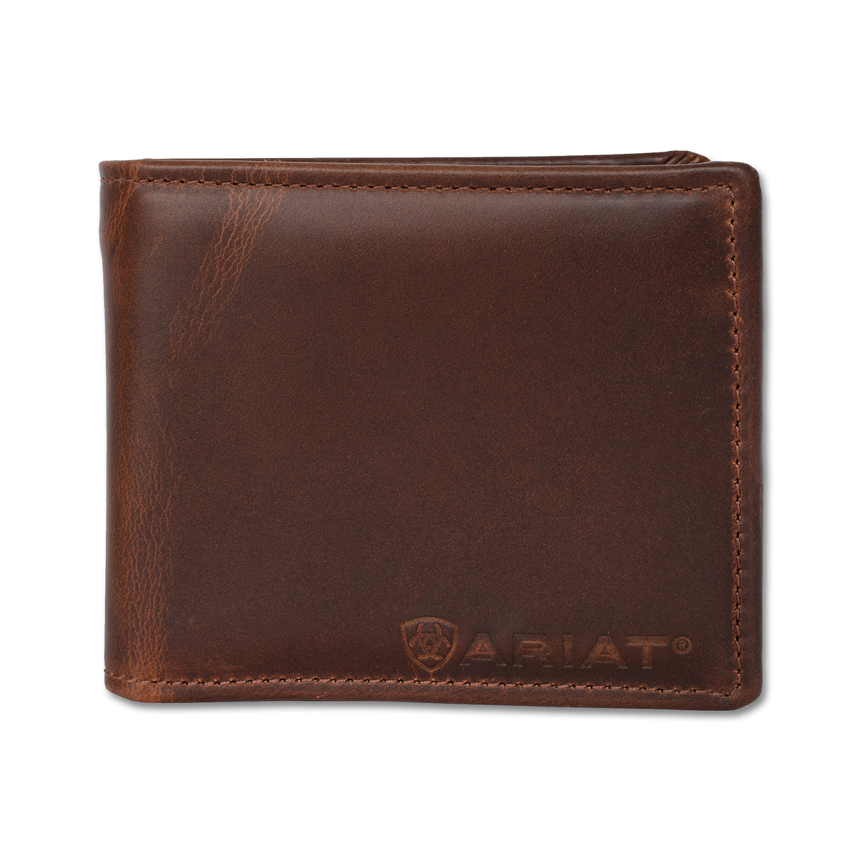 Brown leather wallet with Ariat logo on a white background