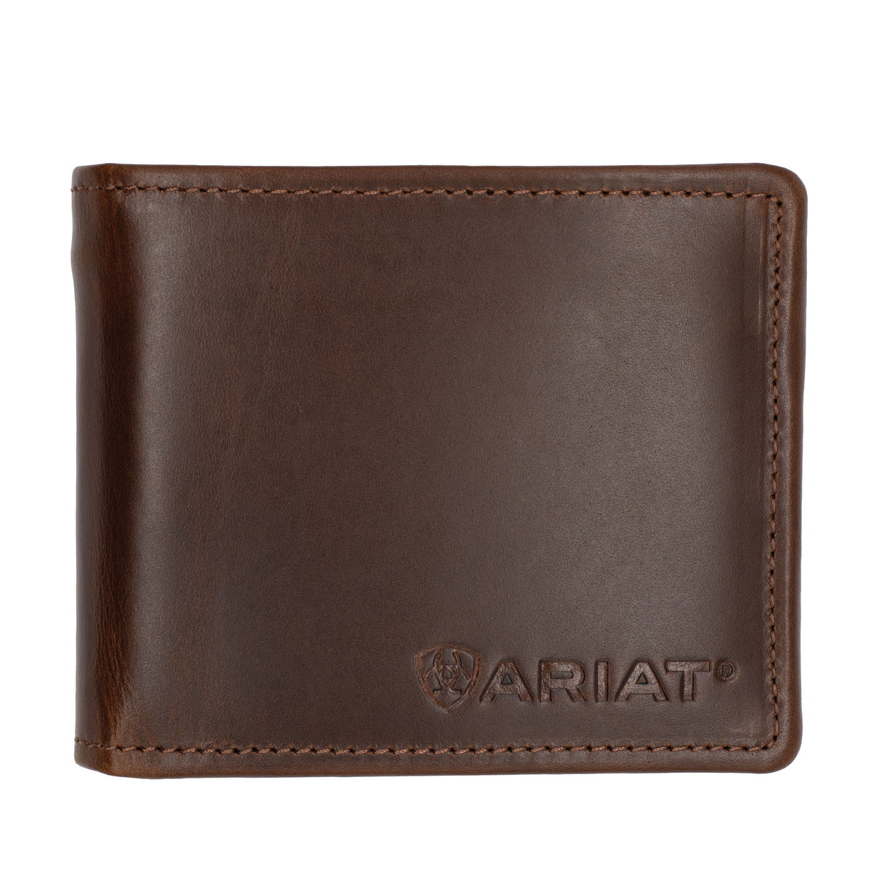Brown leather wallet with Ariat logo on a white background