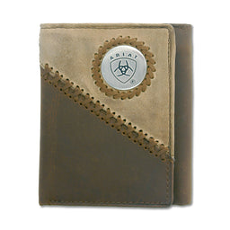 Brown leather wallet with Ariat logo on a white background
