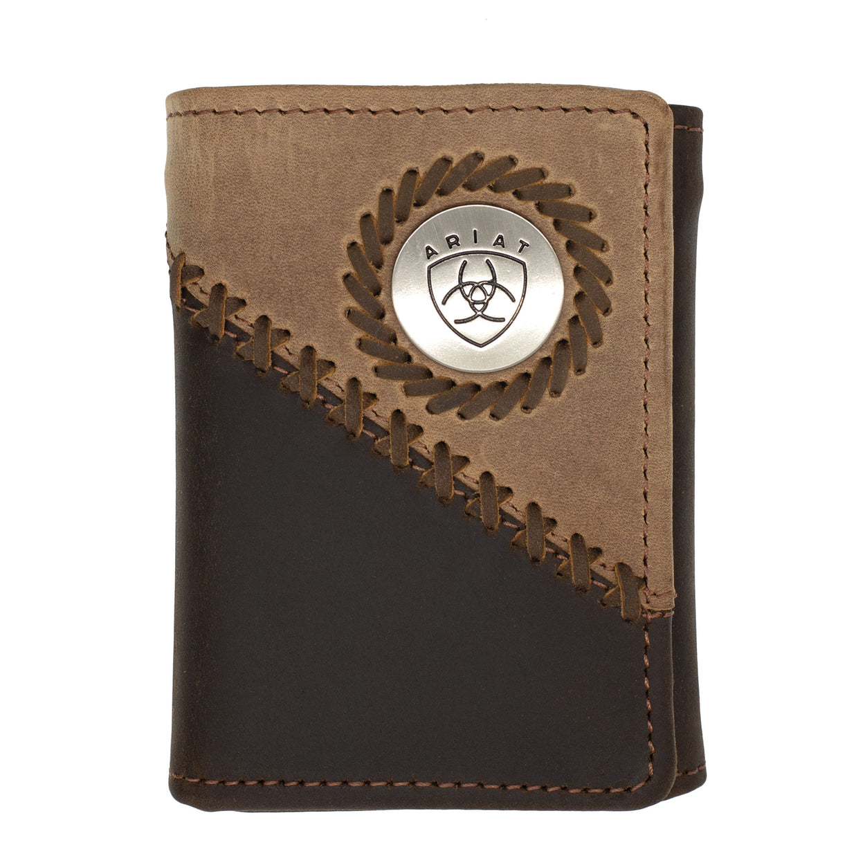 Brown leather wallet with Ariat logo on a white background