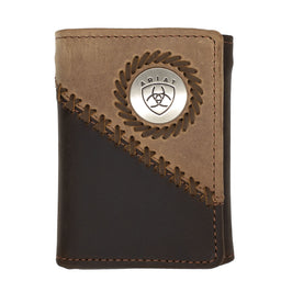 Brown leather wallet with Ariat logo on a white background