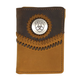 Brown leather wallet with Ariat logo on a white background